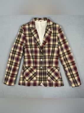Vintage Plaid Tartan Blazer Jacket Women’s Size 5 Burgundy Preppy Academia